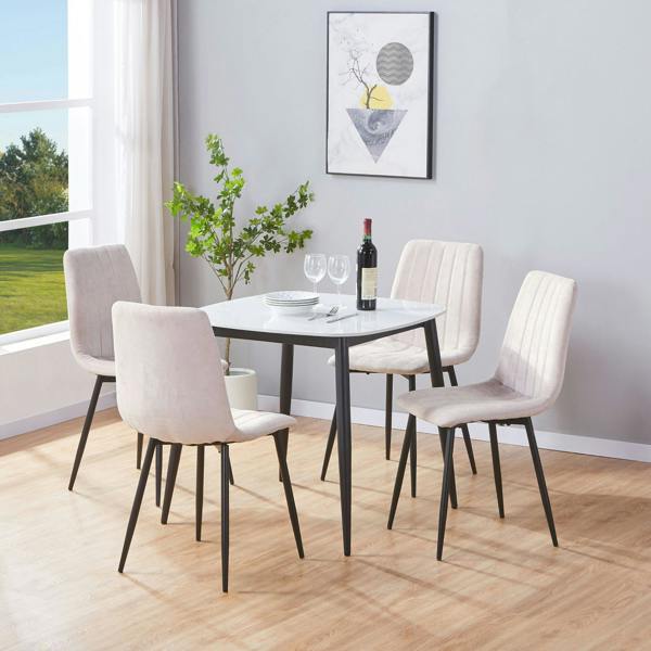 Core Products Aspen Dining Set - White Sintered Stone Square Table & 4 Straight Stitch Dining Chairs