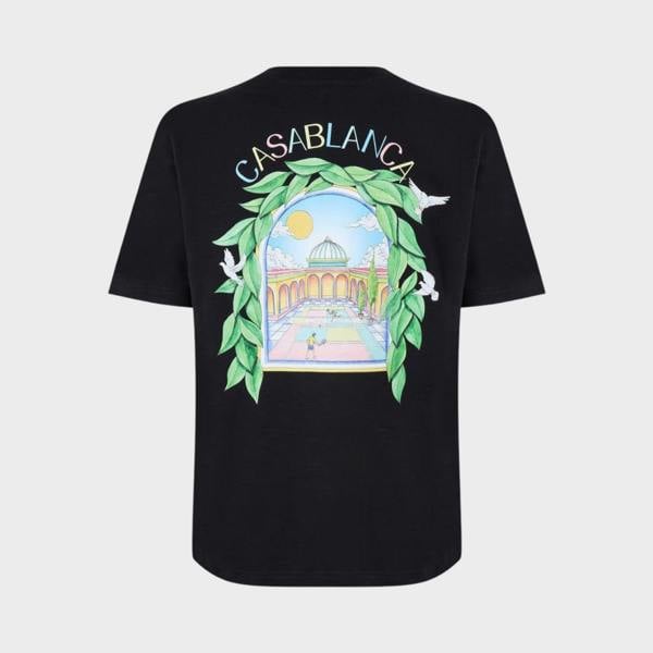 Supplied Fashion CASABLANCA black short sleeve t-shirt featuring a colourful tennis court graphic on the back