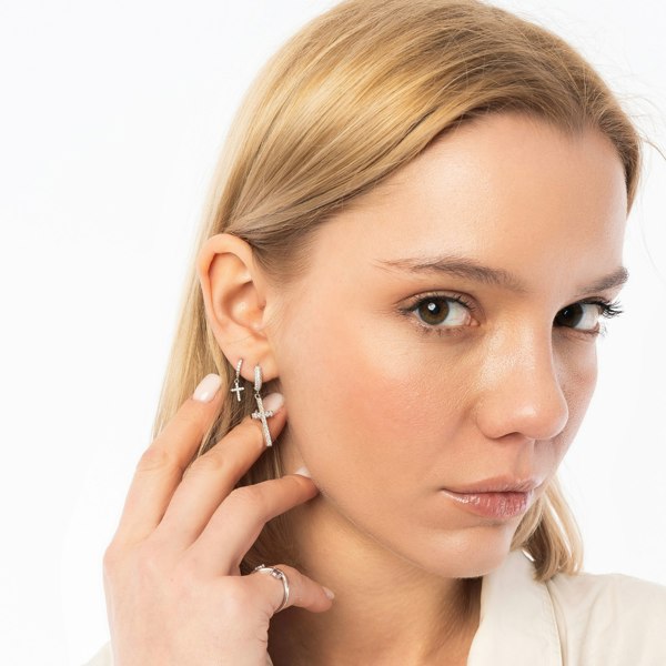 Spero London Sterling Silver Huggie Pave Cross Drop Earring