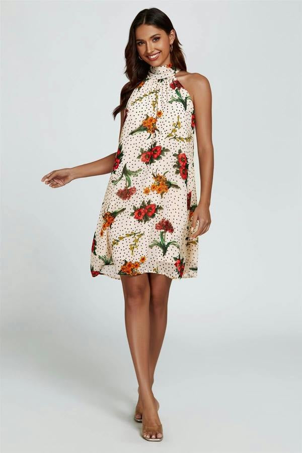 FS Collection Floral Print Halter Neck Tie Back Mini Dress In Off White