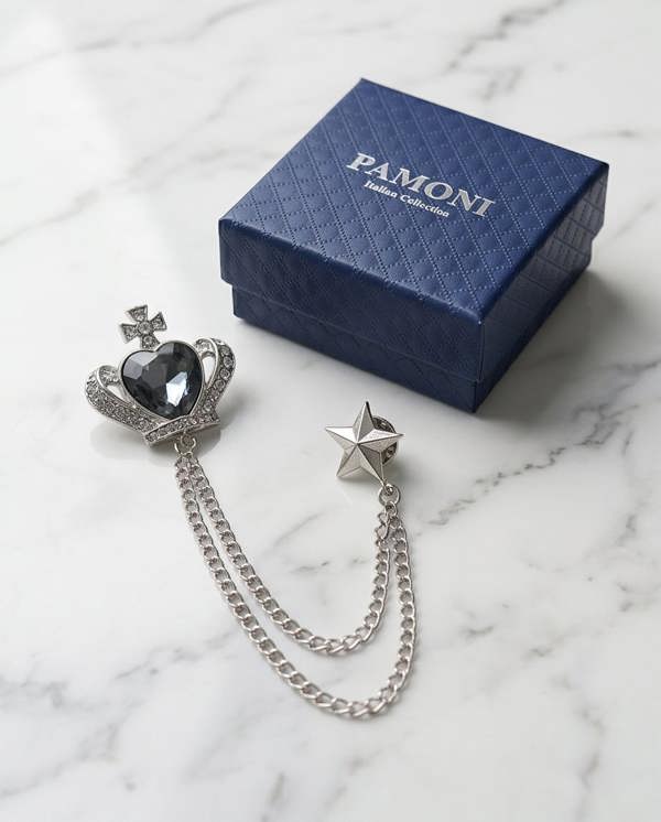 Pamoni Royal Crown & Star Lapel Chain Brooch