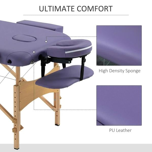 Purple massage bed with thick padded surface and armrest pad, on wooden frame