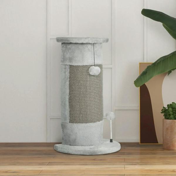 Grey cat scratching tower with plush outer covering, sisal rope insert, hanging ball and base