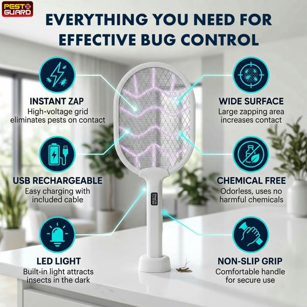 Electric Fly Swatter Racket - 2 in 1 Rechargeable Electric Fly Swatter & Zapper with LED Light, USB Powered Flying Insect Control Tool