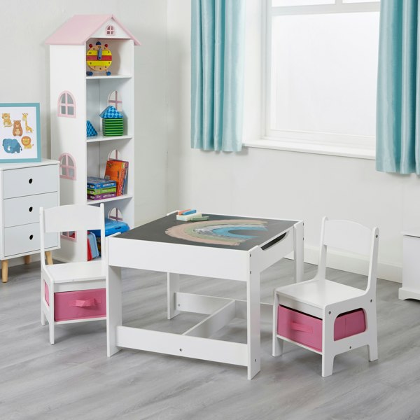 TF5412-W-white-table-and-2-chairs-with-pink-bins-lifestyle-chalkboard