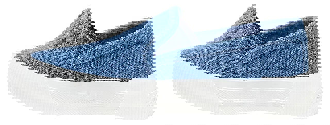 Rocket Dog Cheeryful Womens Slip On Casual Trainers Shoe, blue fabric slip-on sneaker with white rubber sole.