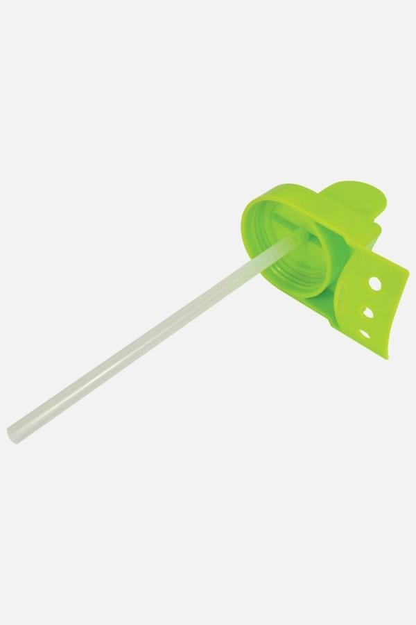 Green Optimum flip spray cap with clear drinking straw removed from bottle, on white - Optimum