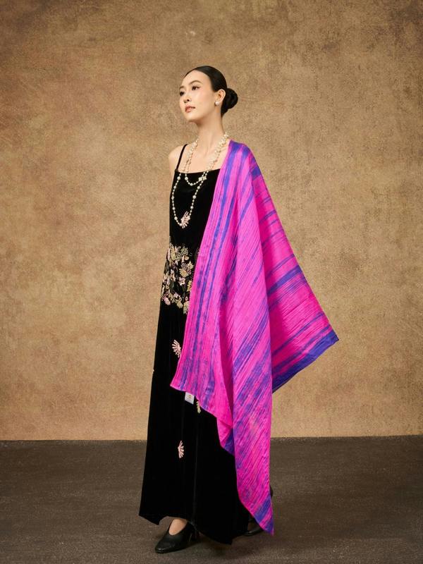 Fuchsia & Blue Brushstroke Silk Scarf – Hand-Dyed Mulberry Silk, Statement & Party Wrap