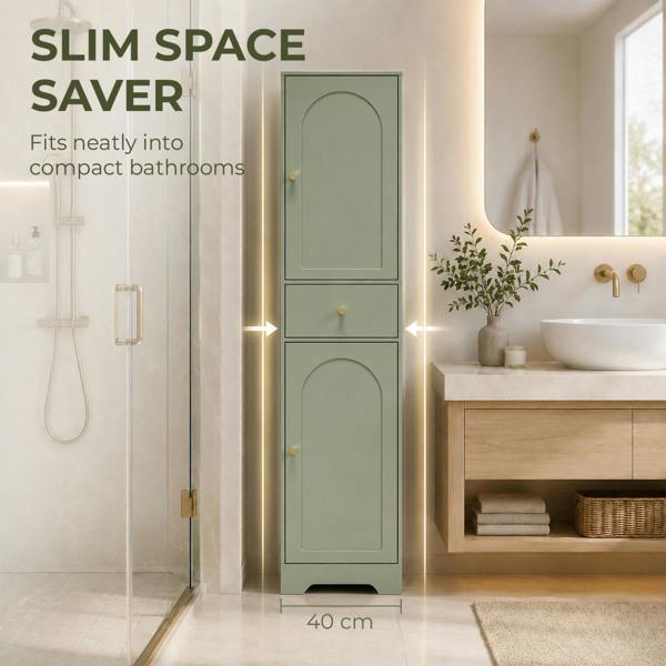 HOMCOM Tall Bathroom Storage Cabinet with Arch Doors and Drawer Light Green