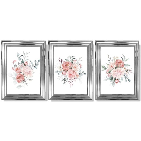Pink Peonies Watercolour Floral Set of 3 Framed Art Prints with Glossy Chrome Frames