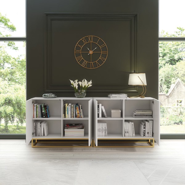 Mex Furniture Sophisticated White Sideboard with Fluted Fronts & Gold Legs – 200cm Storage Unit