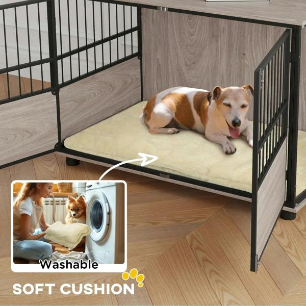 Brown wood dog crate end table with soft cream cushion and black metal front rails.