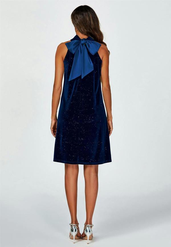 FS Collection Silver Foil Velvet Halter Neck Tie Back Mini Dress In Navy
