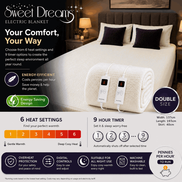 Sweet Dreams Luxury Fleece Electric Blanket Double Size, Machine Washable Underblanket, Digital Control, Overheat Protection