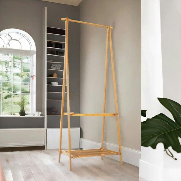 BMBO Wooden Natural Brown Open Clothes Rack With Shelf Natural Brown