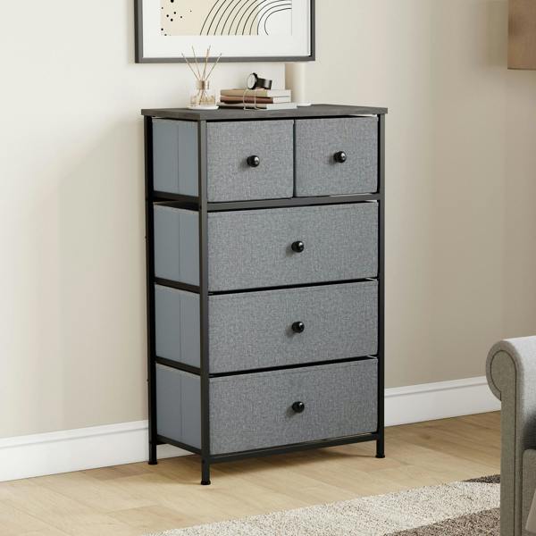 Vida Designs Chorley 5 Drawer Fabric Drawer Chest, Beige & Grey Wood