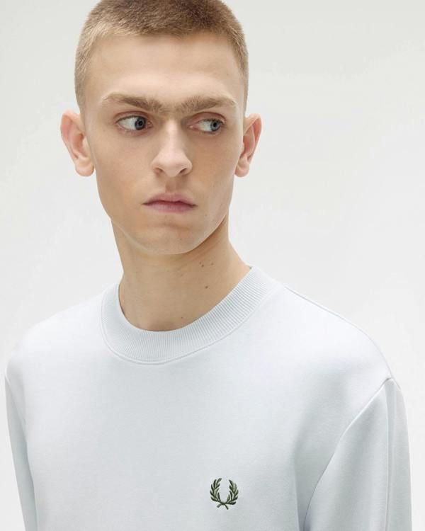 Fred Perry Mens Crew Neck Sweatshirt - Dusky Blue/Ecru/Laurel Wreath Green 80B | CHO | Designer Mens Sweatshirts