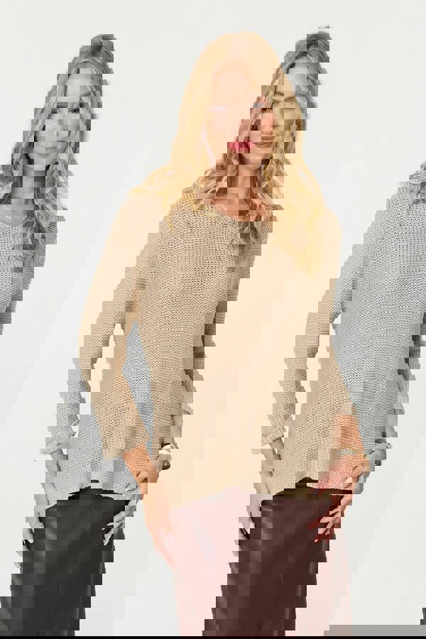 Beige | Mesh Texture 3/4 Sleeve Relaxed Top
