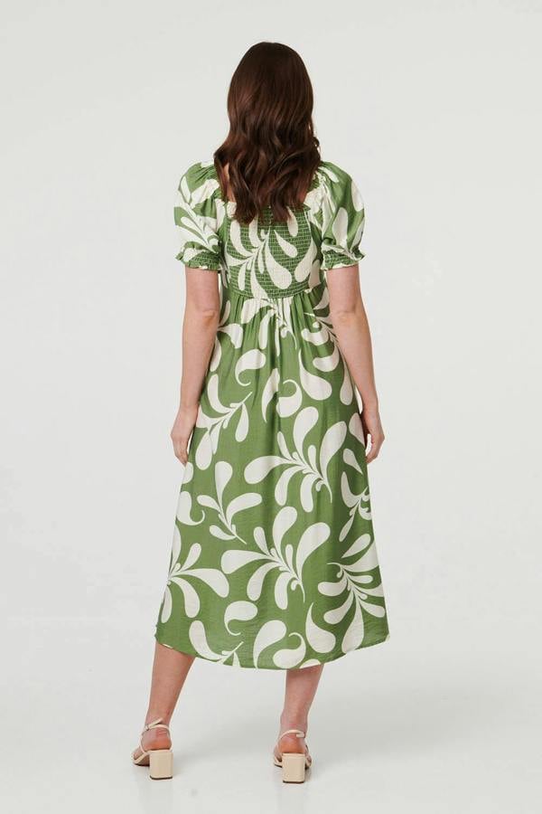 Green | Abstract Puff Sleeve Tie Neck Midi Dress