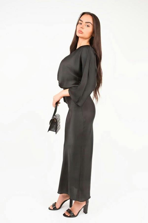 Kylie V-neck Twist Front Midi Dress - Black