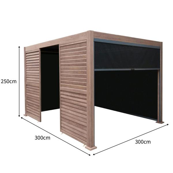 Wood effect aluminium pergola with blinds, two side panels, LED lights, 3m x 3m, showcasing a modern, durable design and sleek finish