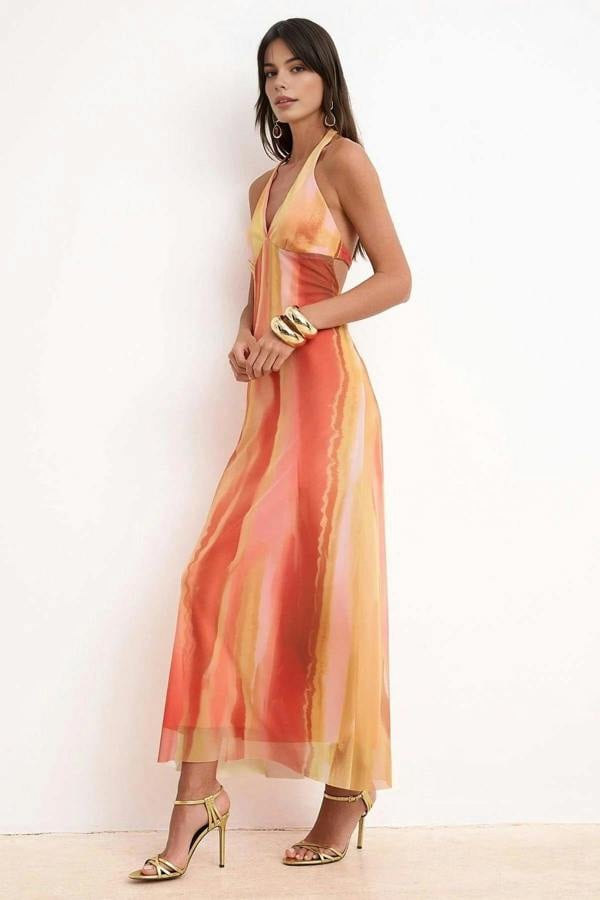 WOVCOR Knitted Tulle Maxi Evening Dress