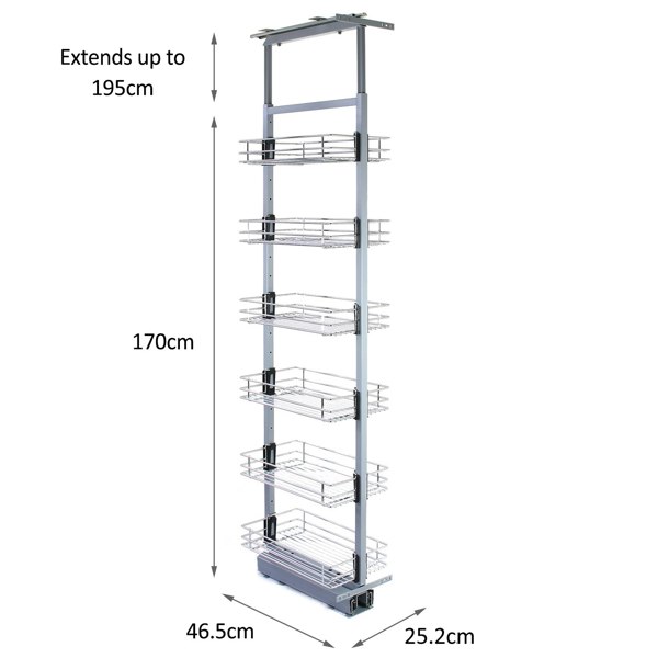 KuKoo pull-out soft close kitchen larder with six wire baskets, adjustable height from 170 to 195cm, sleek silver finish