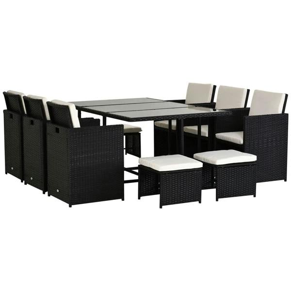 Black rattan dining set with white seat cushions, square glass table and chairs