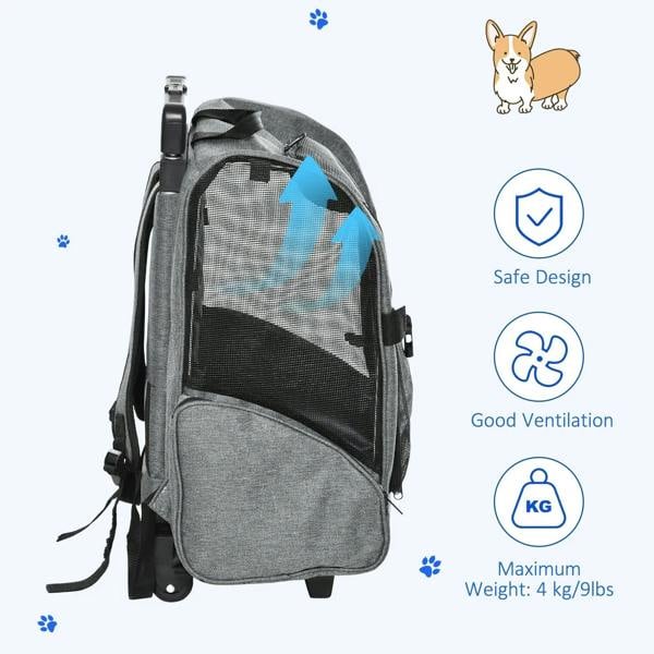 Grey pet carrier backpack with large side mesh panel and front zip door