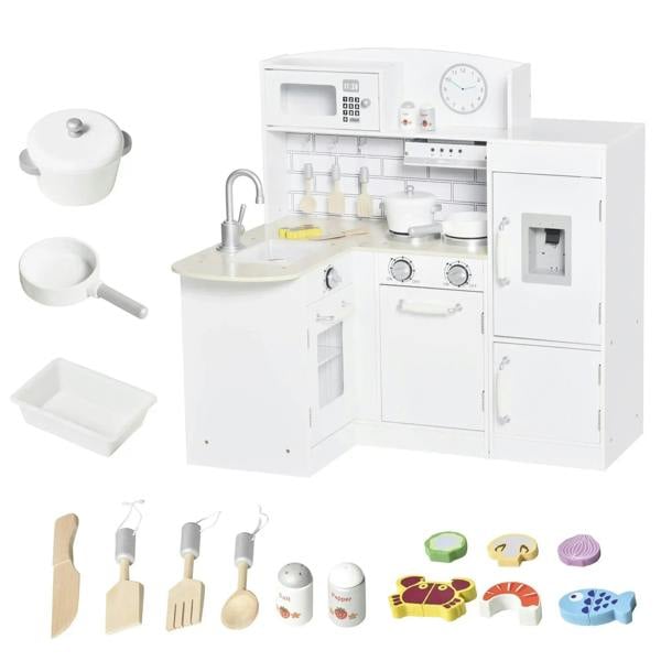White kids wooden play kitchen set with sink, stove knobs, and side fridge door
