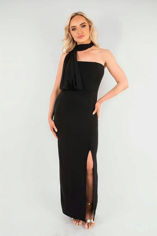 Celeste High Slit Draped Scarf Maxi Dress - Black