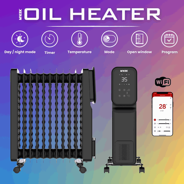MYLEK Oil Filled Digital Smart WiFi App Enabled Heater - 3 Heat Settings & 24-Hour Timer 2500w