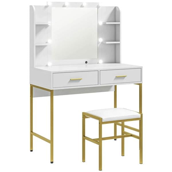 White vanity desk with lighted mirror, drawers and cushioned stool