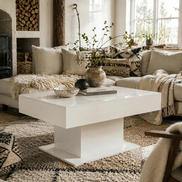 Wyld Haus Mara High Gloss White Extendable Coffee Table With LED Lighting And Storage