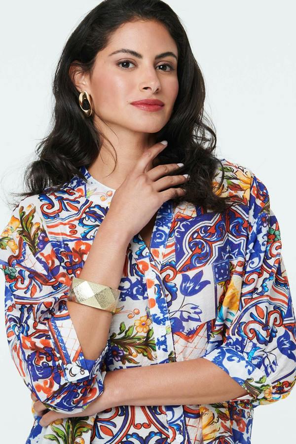 White | Abstract Relaxed 3/4 Sleeve Blouse