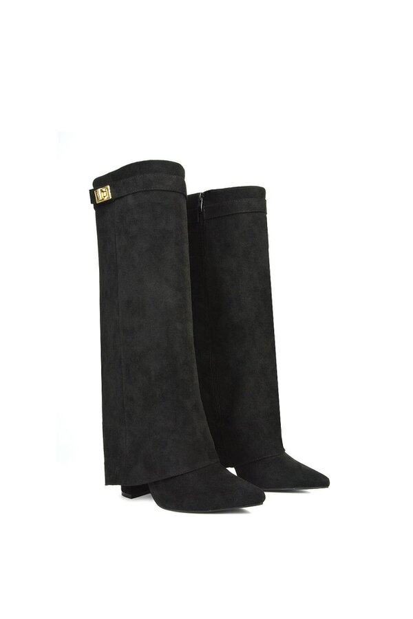 XY LONDON Block Heel Knee High Foldover Boots With Pointed Toe