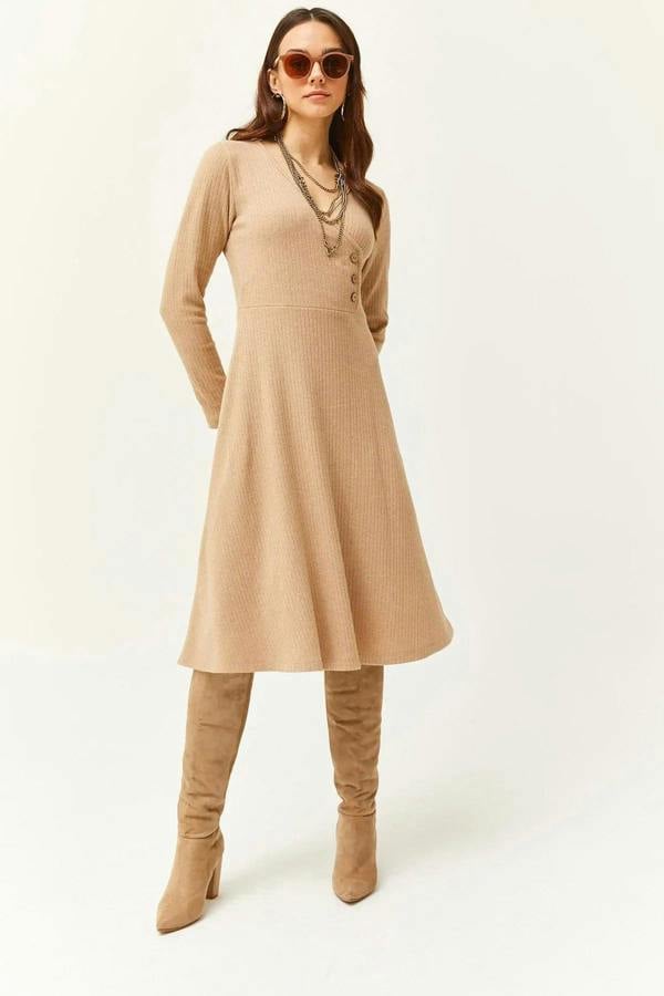 Hoxton Gal Double-Breasted Midi A-Line Dress with Button Details
