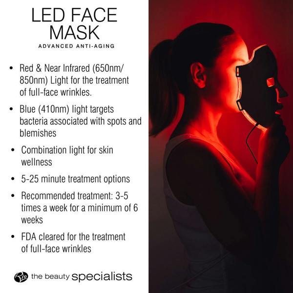 A person holds the Rio LED Face Mask by Rio near their face in a dark setting. Text highlights its FDA-cleared, anti-ageing light therapy, featuring multiple light types and recommended use for wrinkle reduction.