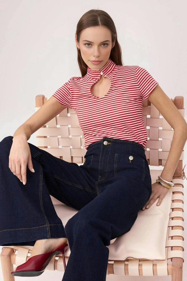 Striped Regular Fit Keyhole Neck Short Sleeve Cotton Knit Blouse