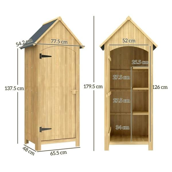 Natural wood shed dimensions: 77.5cm wide, 54.2cm deep, 179.5cm tall