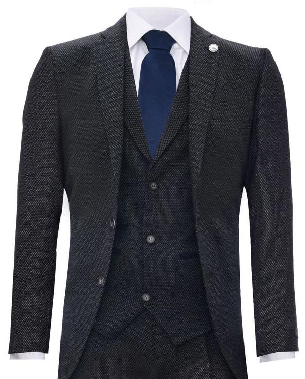 TruClothing Men's 3 Piece Black Herringbone Tweed Suit