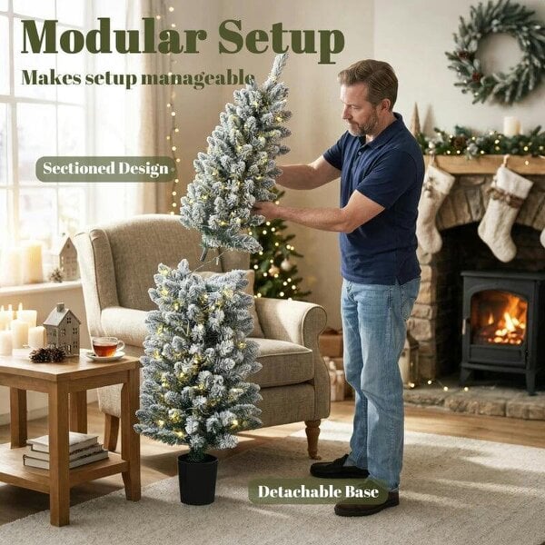 Bobobiy Prelit Snowy Flocked Artificial Christmas Tree Set of 3, Slim Xmas Tree with PVC Tips, 3FT+4FT+5FT