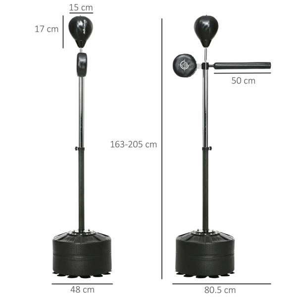 Black adjustable boxing stand with reflex bar, two speed bag balls, weighted base