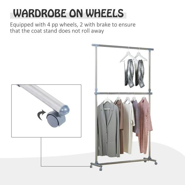Grey wardrobe on wheels with four lockable casters and hanging clothes on rail