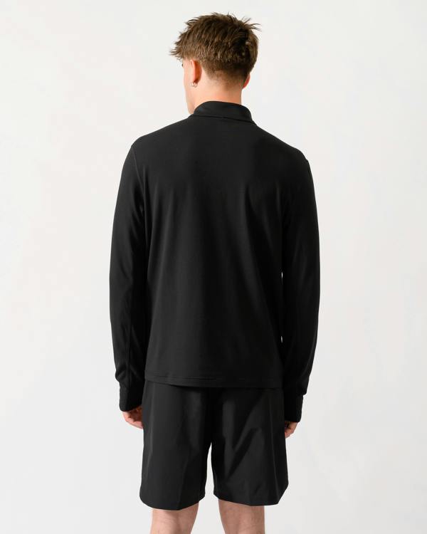 back shot of model wearing a BOSS Green SW Active Mens Quarter Zip Sweatshirt in Black 001