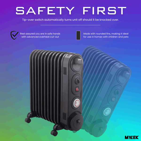 Mylek Oil Filled Radiator Electric Heater, Portable, Thermostat and 24hr Timer by Mylek 2500w Black