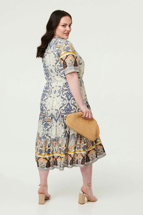 Grey | Curve Printed Short Sleeve Midi Dress
