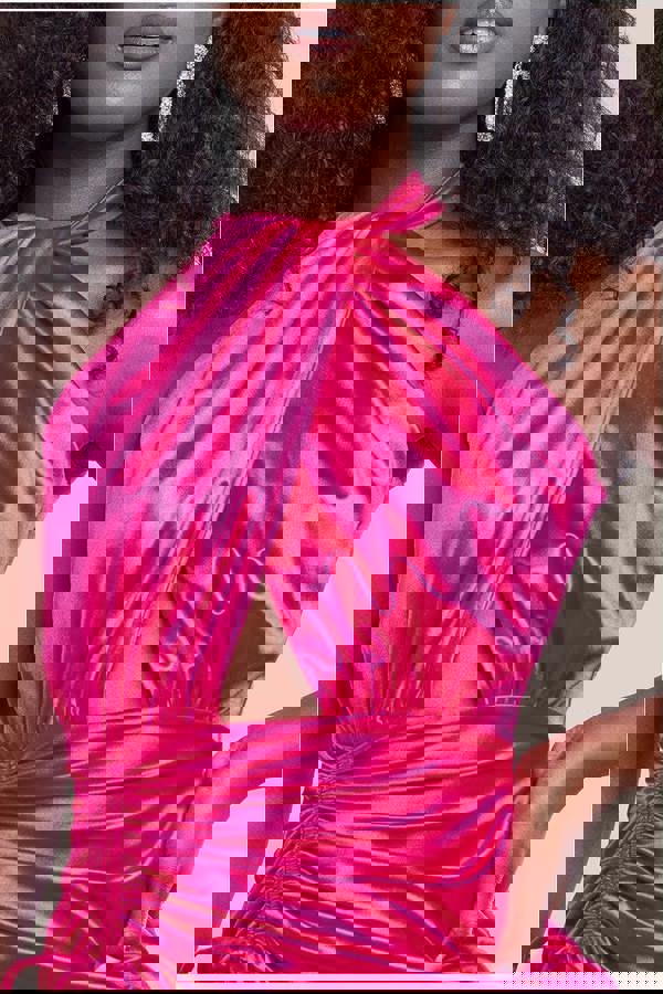 Halter Neck Front Split Satin Maxi Dress - Magenta DR4398