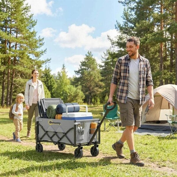 Bobobiy 60L Foldable Festival Trolley on Wheels, Collapsible Wagon Cart with Drop-Down Tailgate, Adjustable Handle, Grey - Grey