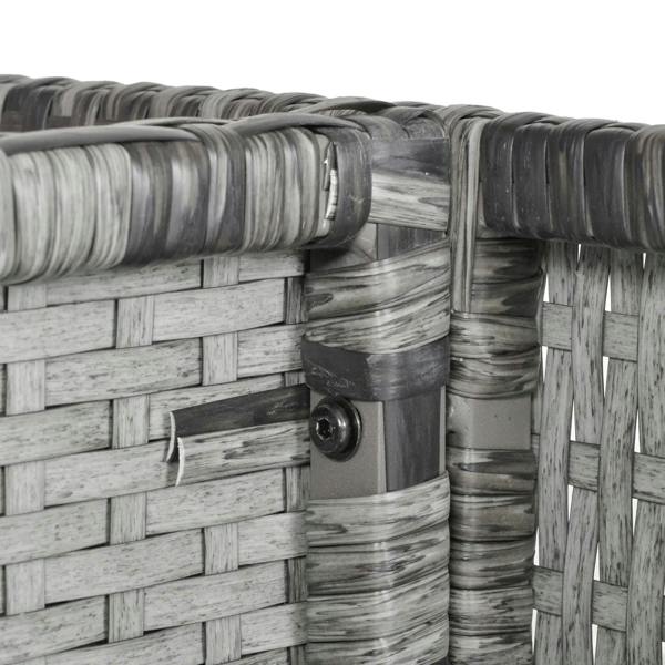 Grey rattan wicker weave corner joint with wrapped texture and metal fastener